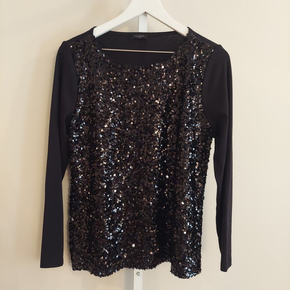 Talbots Petites Large Full Sequin Panel Long Sleeve Top‎ Black Holiday
